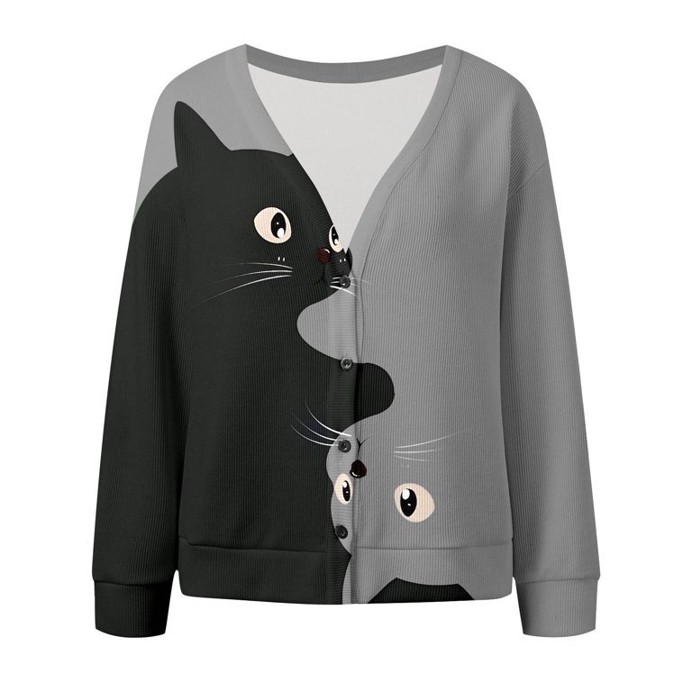 Cnbwig Cozy Sweaters for Women Elegant Long Sleeve Jacket Knit Cardigan  Sweater Cat Knitted Coat for Autumn Winter Outerwear Fashion Hoodies Casual 