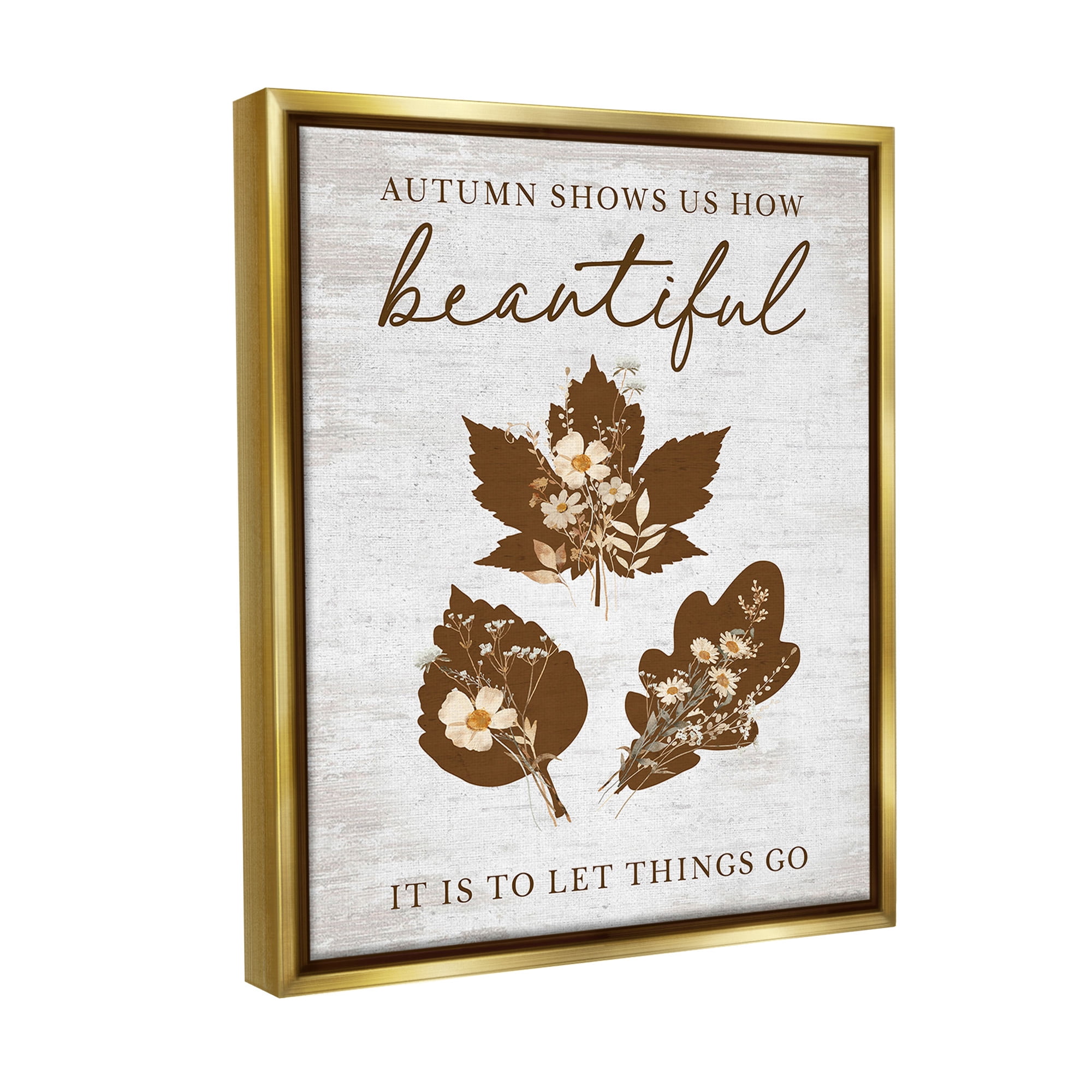 Stupell Industries Autumnal Beauty Phrase Botanical & Floral Painting Gold Floater Framed Canvas Art Print Wall Art, 17 x 21