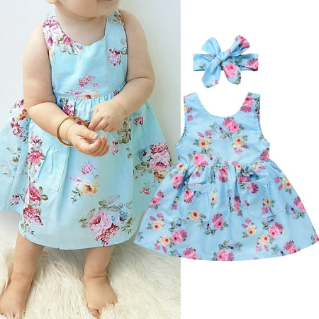 2pcs Infant Toddler Kids Baby Girls Summer Floral Dress Party Casual Sundress Headband Clothes