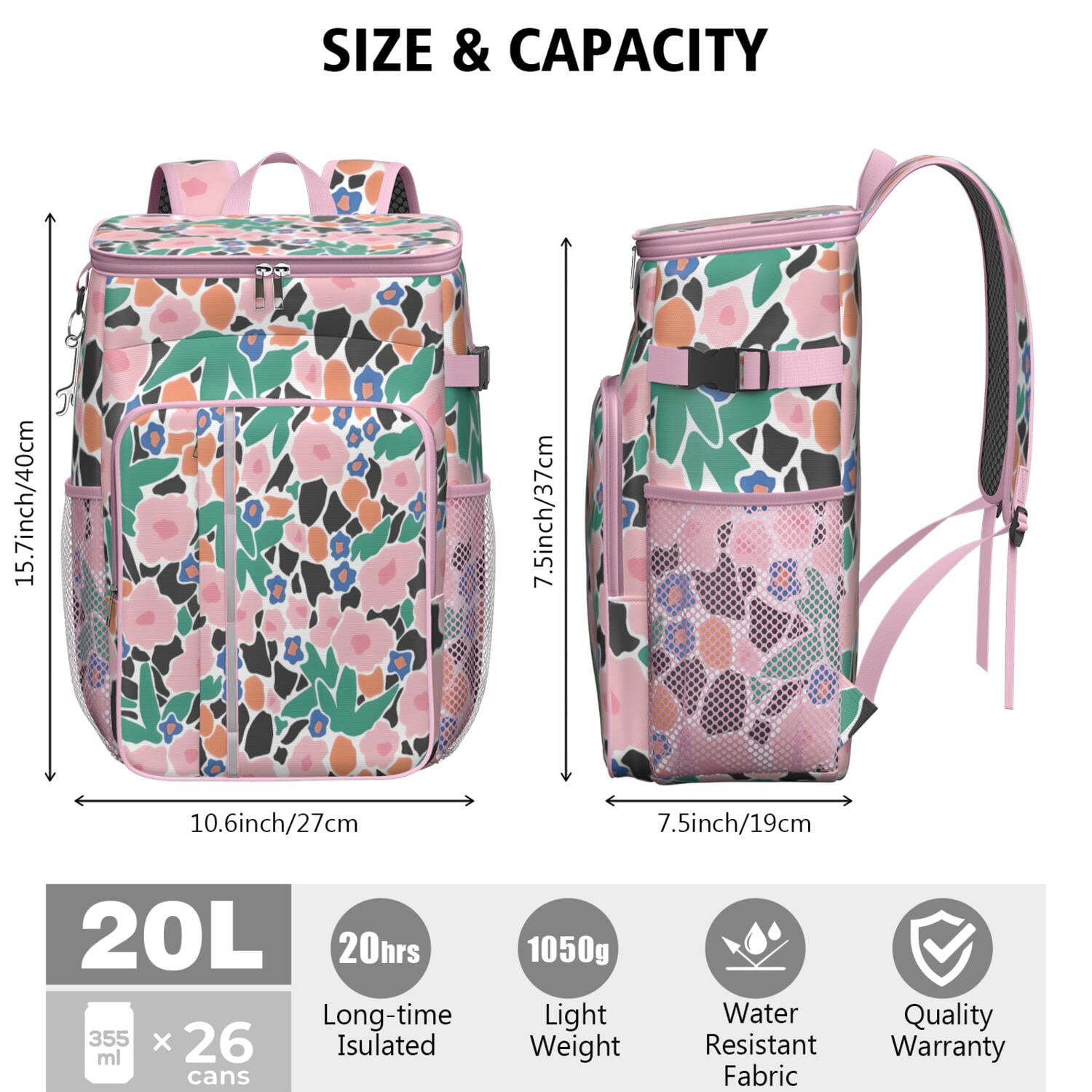 Travel Cooler Bag - Pioneer Flower Floral Print Pattern Camping Beer Cooler Backpack with Bottle Opener- Waterproof Insulated Picnic Backpacks - Cooler Bag for Beach