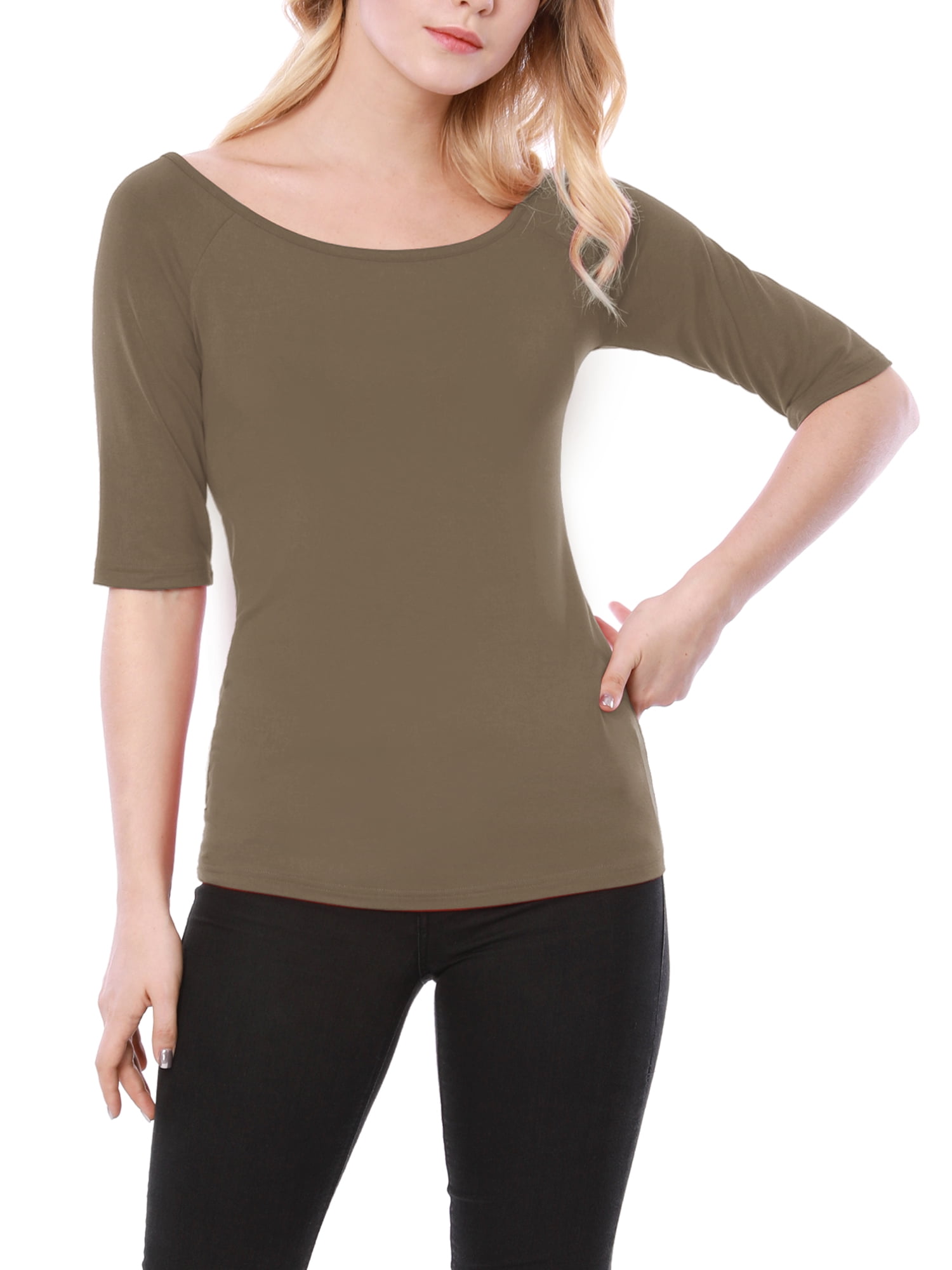 DARING DIVA Women's Slim Fit Pullover Boat Neck Stretchable T-Shirt M Dark Khaki