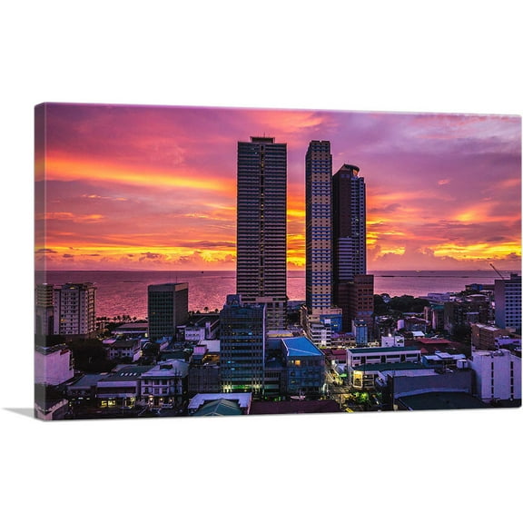 ARTCANVAS Manila Philippines Skyline Vivid Sunset Canvas Art Print - Size: 26" x 18" (0.75" Deep)