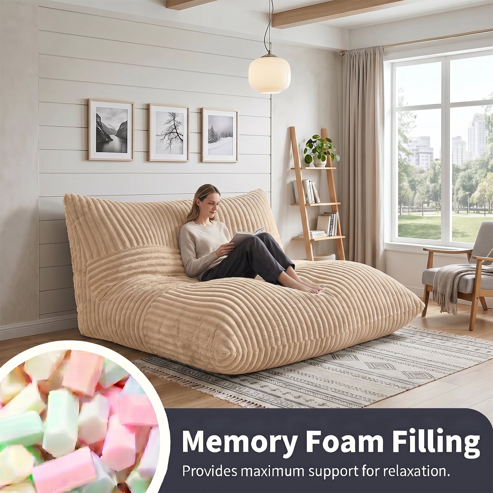 VIREO 3 in 1 Bean Bag Chair Giant Bean Bag Chairs Convertible Bean Bag Floor Cushion with Machine Washable Cover, Beanbag Chairs for Adult (Beige)