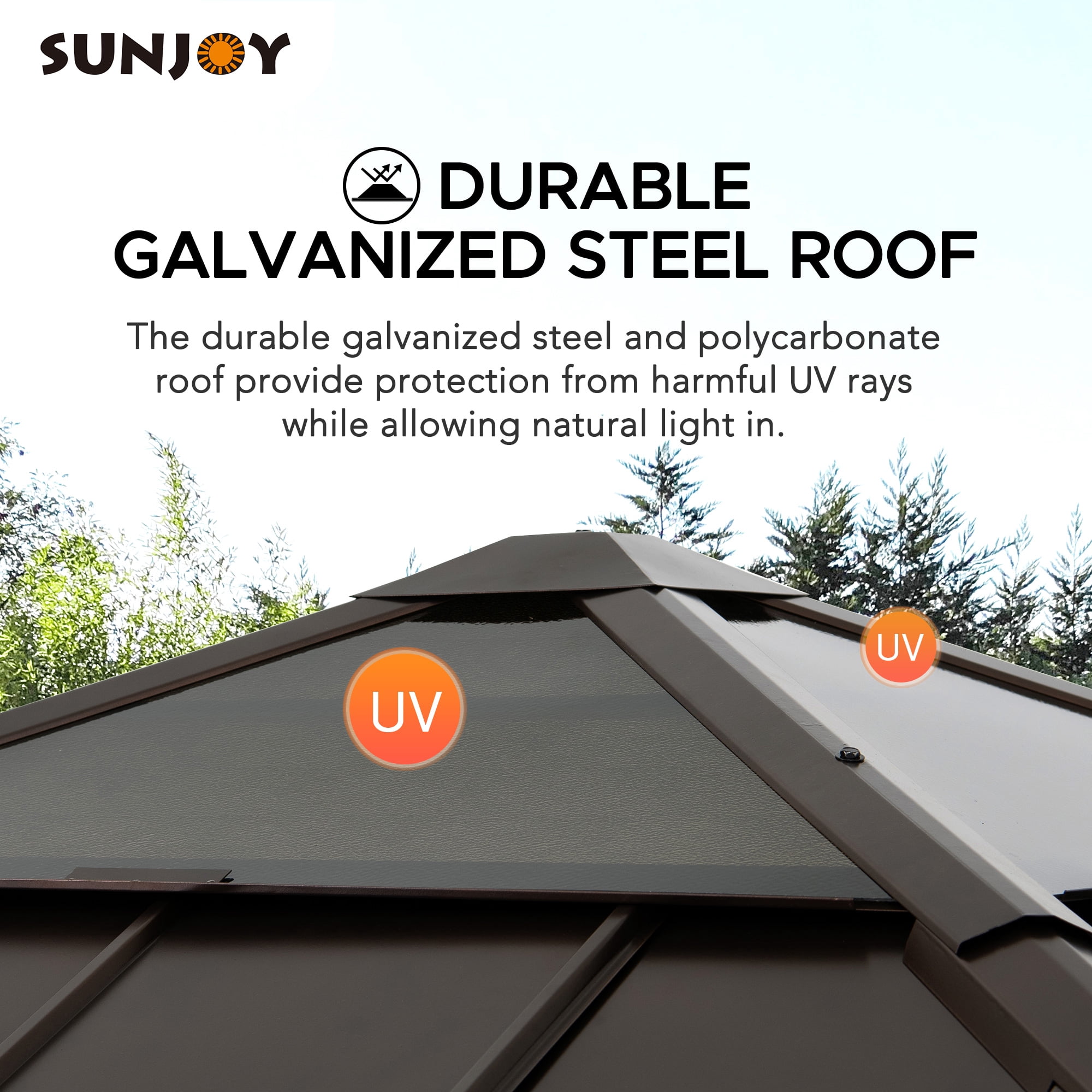 SUNJOY Hardtop Gazebo 9 x 9 ft. Cedar Framed Wood Gazebo with Brown Steel & Polycarbonate Pyramid Hip Roof and Ceiling Hook for Garden, Backyard Shade, Brown Roof + Natural Wood Frame
