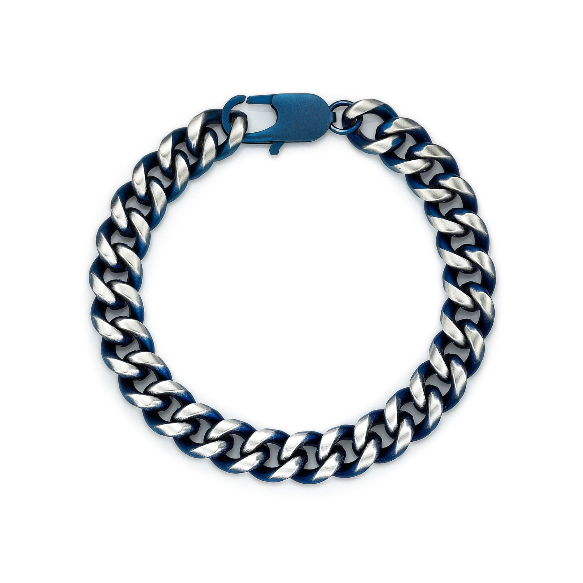 Metro Jewelry Men's Stainless Steel Thick Two Tone Curb Chain Bracelet with Blue Ion Plating and Lobster Clasp - 8.5 Inches Long