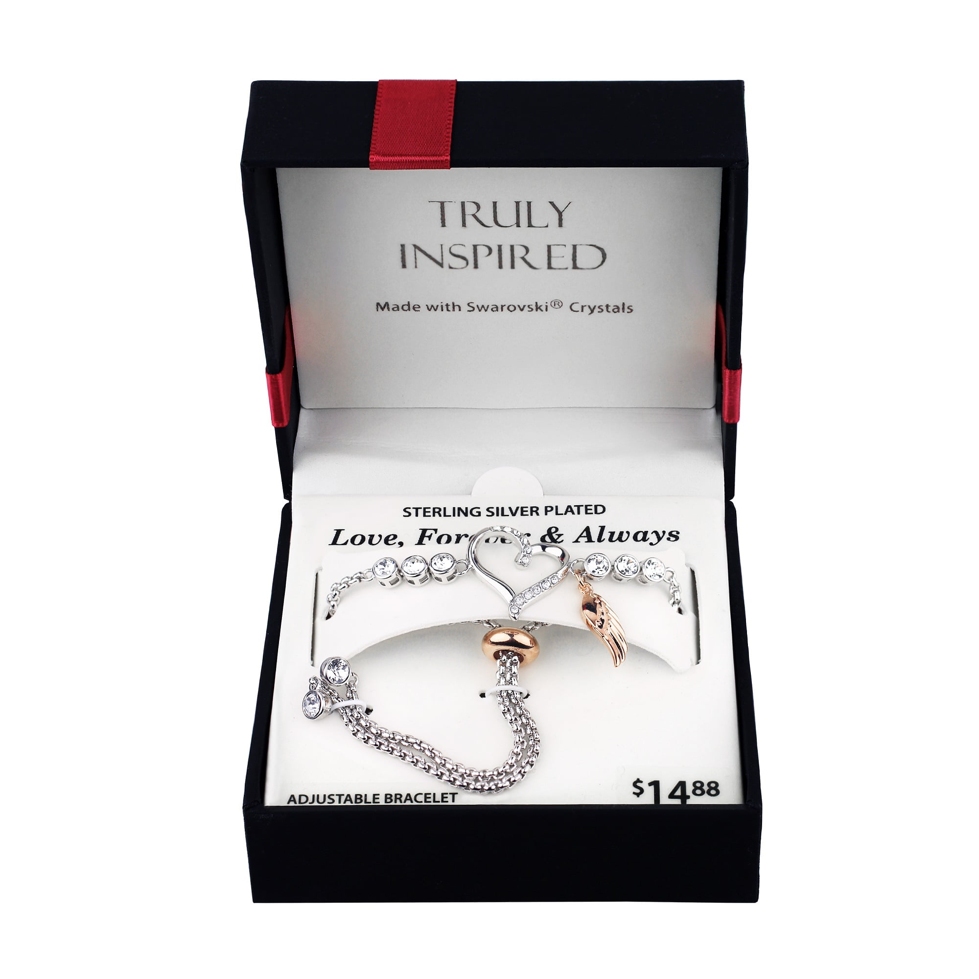 Sterling Silver Plate Open Heart/Wing/Clear Crystal Adjustable Bracelet W/ Clear Crystal End