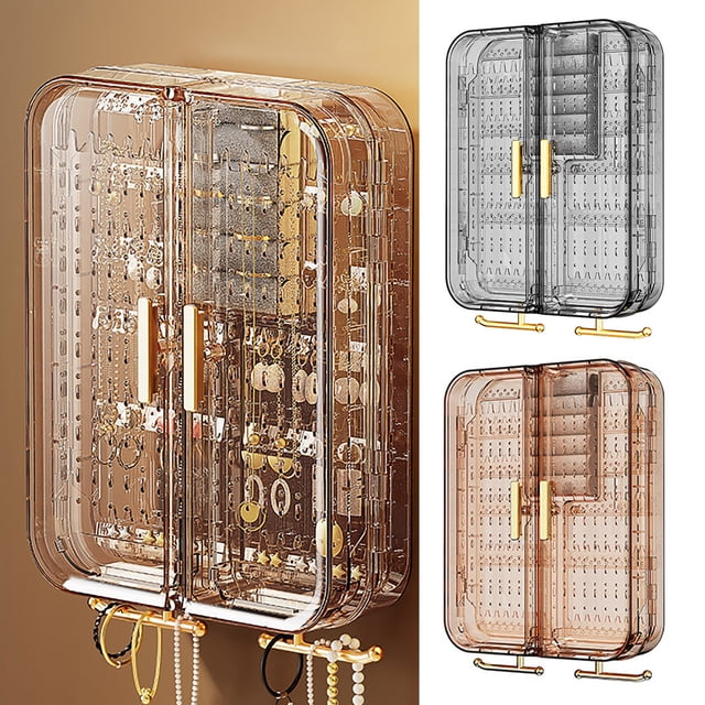 Jewelry Storage Box Transparent Wall Mounted Earring Ring Necklace Organizer with Multi-shaped Hooks for Home
