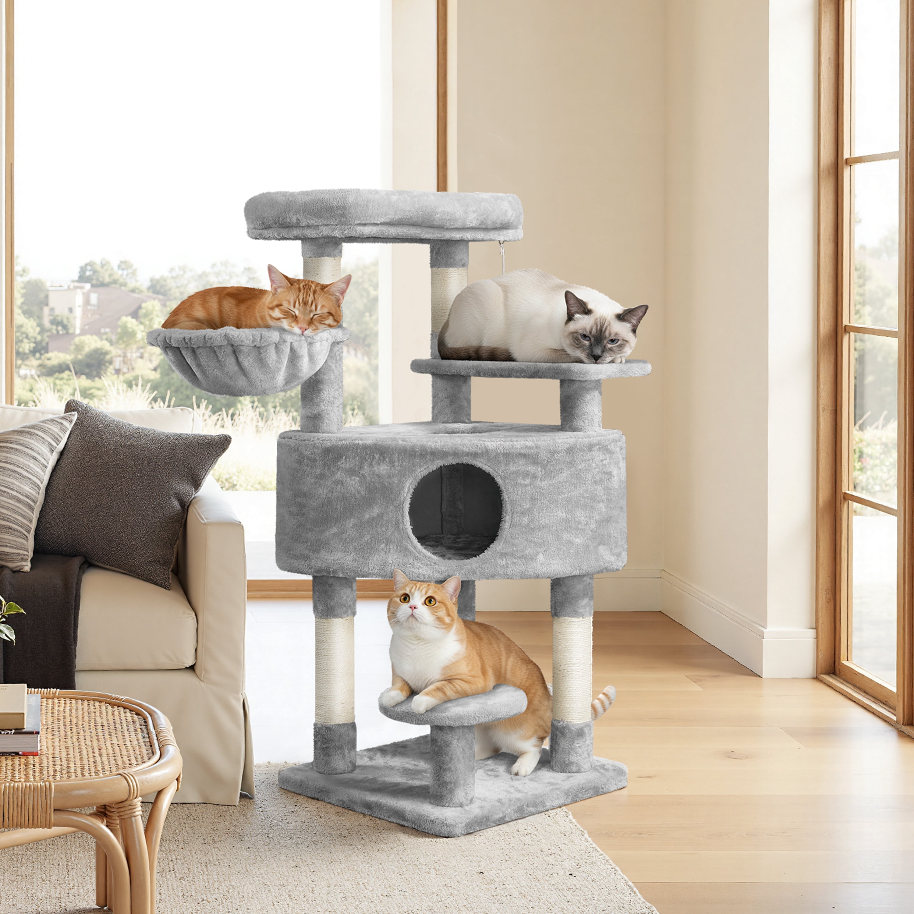 Alden Design Multilevel Cat Tree Basket Condo Scratching Posts, Light Gray