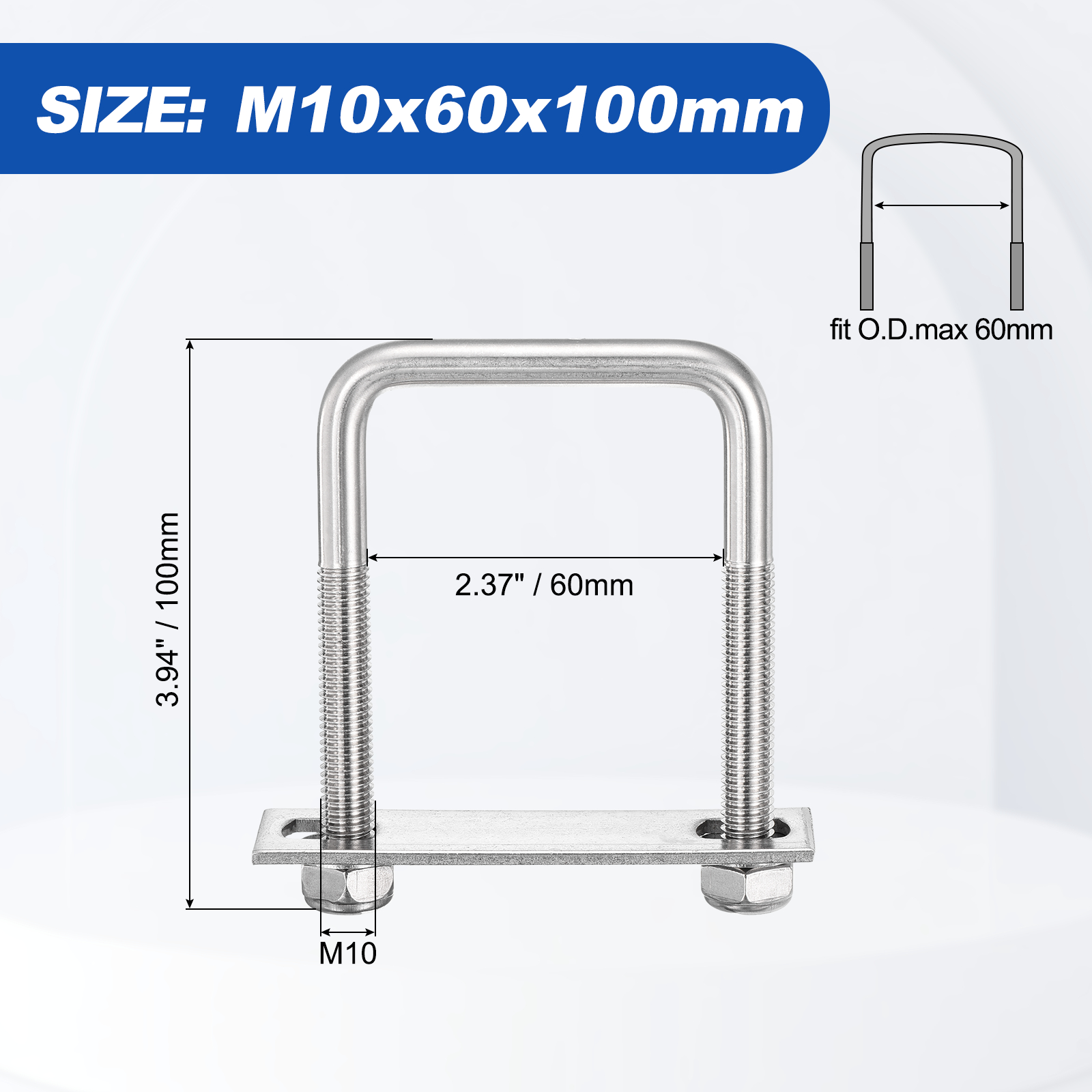 U Bolts 2Set (M10x60x100mm), Square U Bolt Kits 304 Stainless Steel with Nylon Lock Nut Washers Plates - for Construction, Pipe, Trailer, Automotive, Leaf Spring Fastener