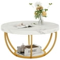 thumbnail image 3 of Fnova Coffee Table with 2 - Tier Storage, 32" Round Coffee Table with Metal Legs, Modern Rustic Style Center Table for Living Room, White and Gold, 3 of 10