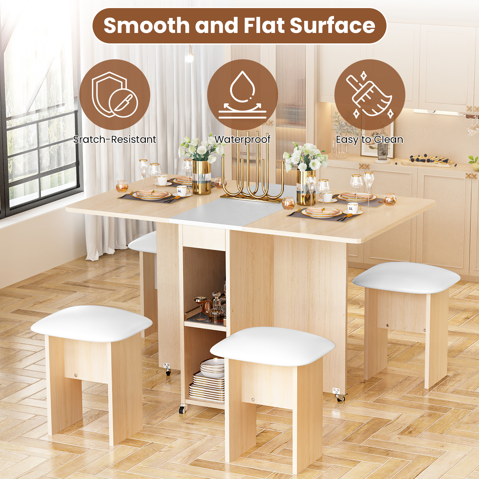 Baxluxe Folding Kitchen Table with Chairs,Dining Table Set for 4,Drop Leaf Table with 6 Wheels,Expandable Dining Table,Multifunction Expandable Table for Living Room, Folding Kitchen Table