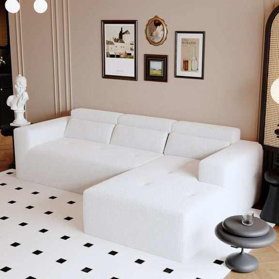 109'' Modern Modular Sectional Sofa, Teddy Fabric L Shaped Couch, 3 Seat Corner Sofa Couch, Modern Upholstered Couch with Chaise & Pillows for Living Room Apartment, No Assembly Required (White)