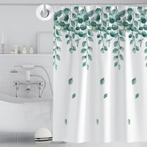 Shower Curtain with 16 Hooks Polyester White with Green Leaves Pattern 70" x 79" Waterproof Curtains Washable