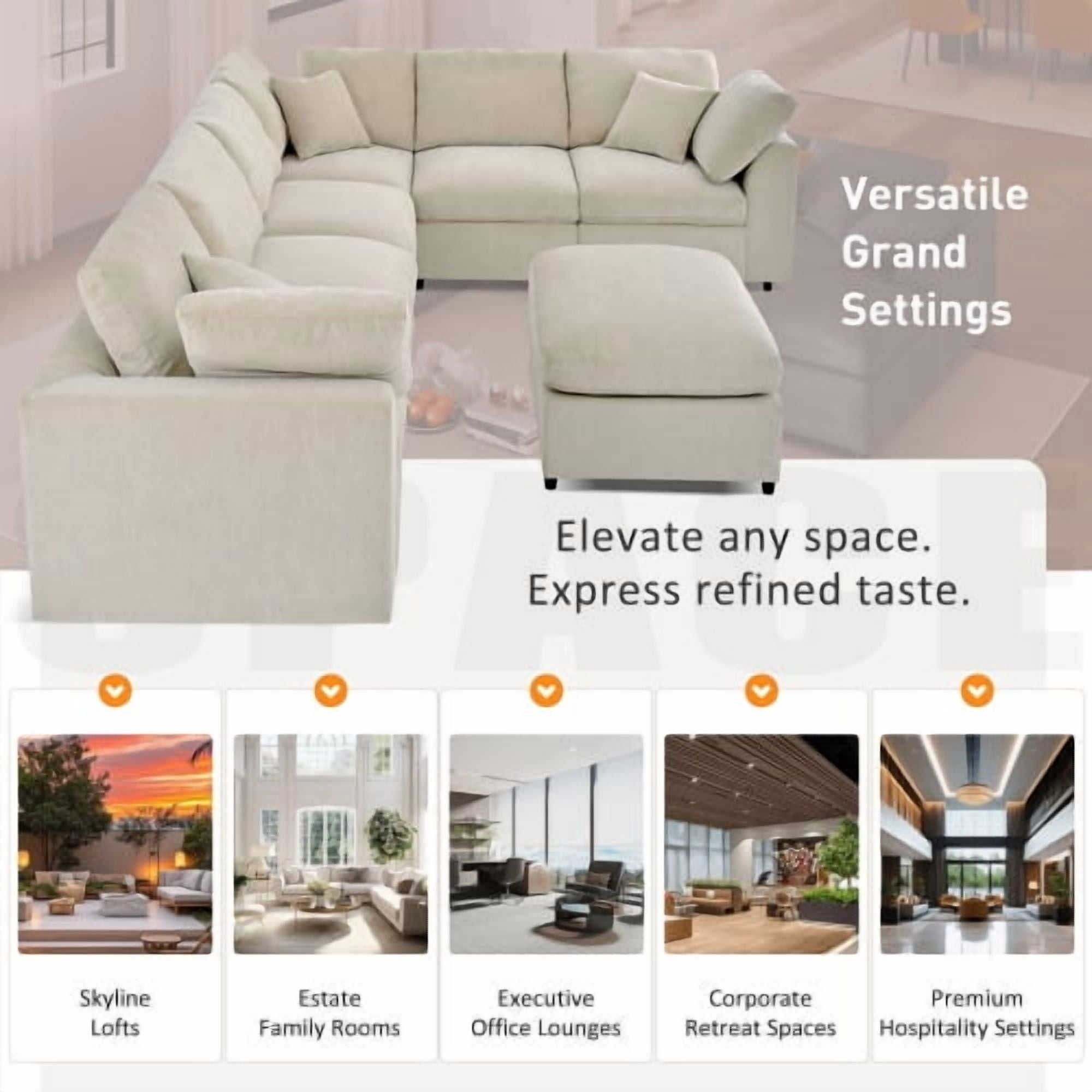 120.8" U_Style Extra Large 7-Seater L-Shape Modular Sectional Sofa with Movable Ottoman, Plush Chenille Fabric, Solid Pine Wood Frame for Living Room and Office, Beige
