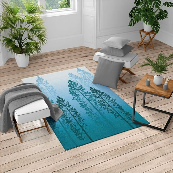 Country Turkish Area Rug, Pine Trees in the Forest on Foggy Seem Ombre Backdrop Wildlife Adventure Art, Soft Carpet for Living Room Decor, 5.2' X 7.6', Azure Blue, by Ambesonne