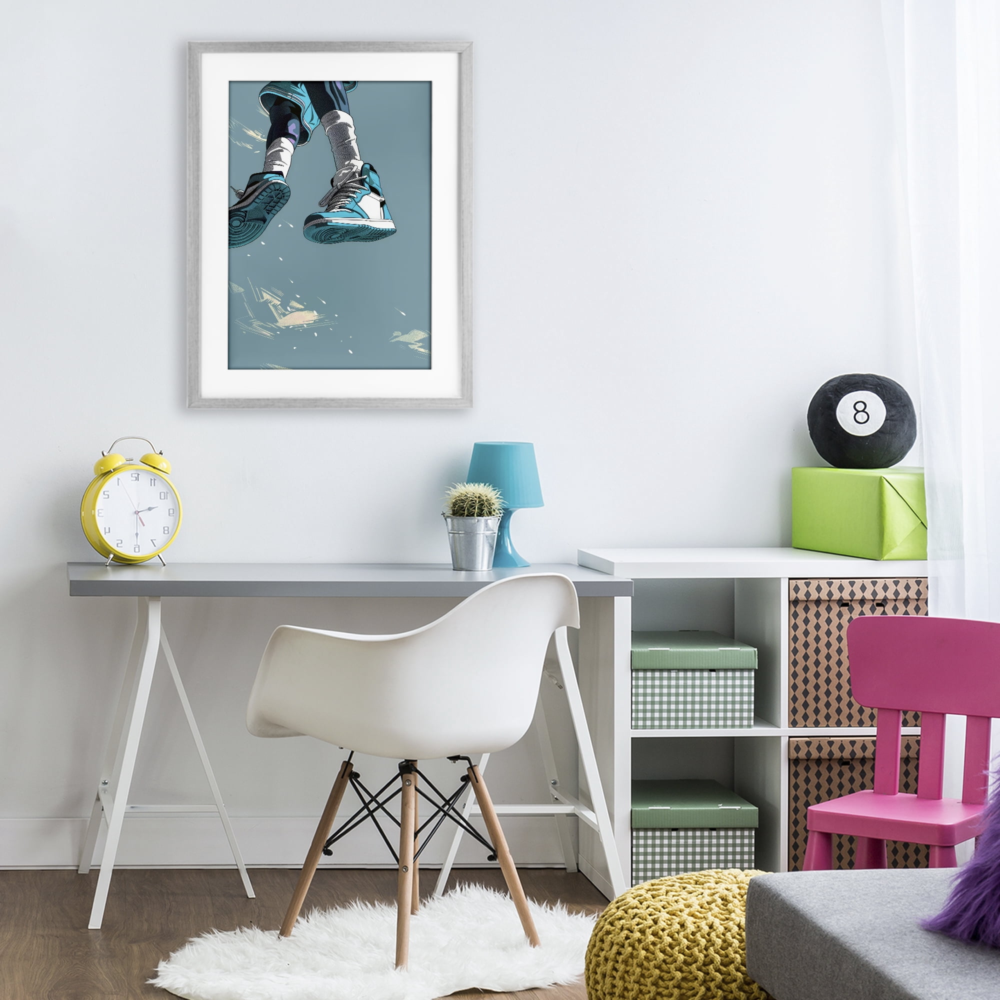 Stupell Industries Sporty Jump with Sneakers Gray Framed Print Under Glass, design by Ray Powers