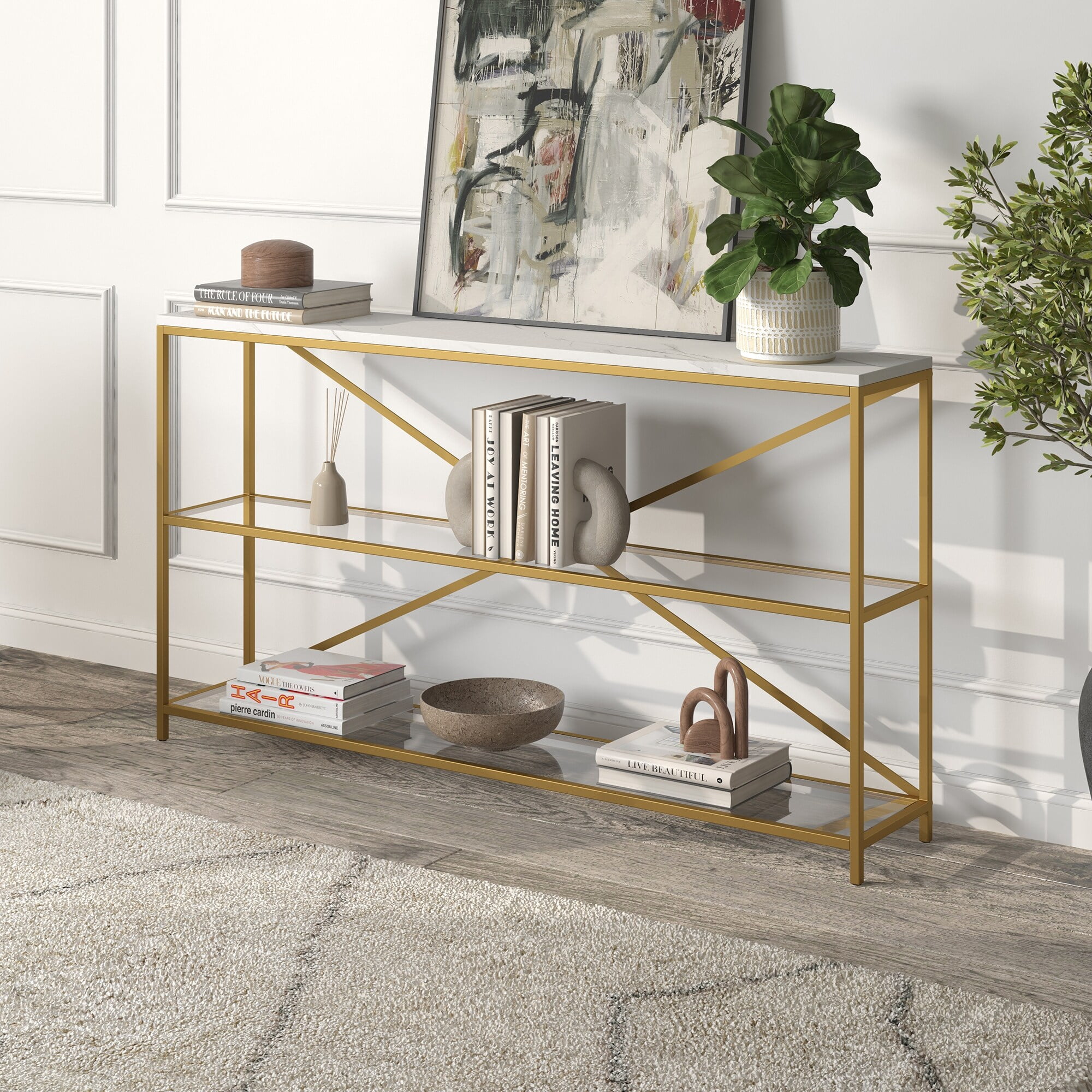 Evelyn&Zoe Fionn 55" Wide Rectangular Console Table with Faux Marble Top, Blackened Bronze