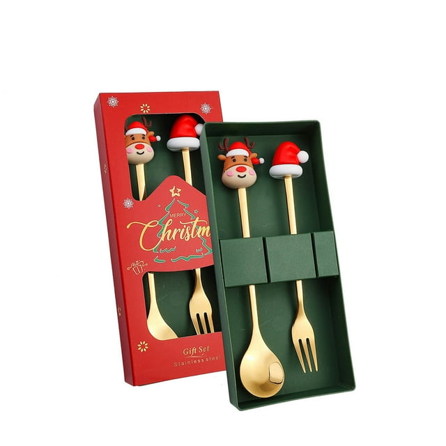 Fiudx Juego de Cucharas Navideñas, Diseño de Muñeco Colgante, Tenedor y Cuchara de Acero Inoxidable, Adornos de Árbol y Corona de Navidad, Vajilla Festiva, Ideal para Fiestas y Reuniones Familiares,
