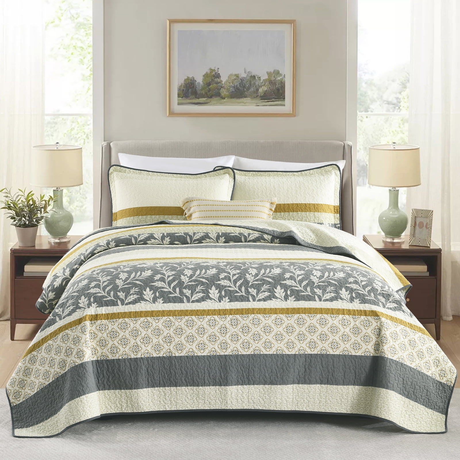Bedduvit Floral King Quilt Sets - 100% Cotton Striped Patchwork Gray/Cream/Yellow King Size Quilts, Lightweight Summer Botanical Print Reversible Bedspread, Vintage Decor Coverlet for King Bed-98x106