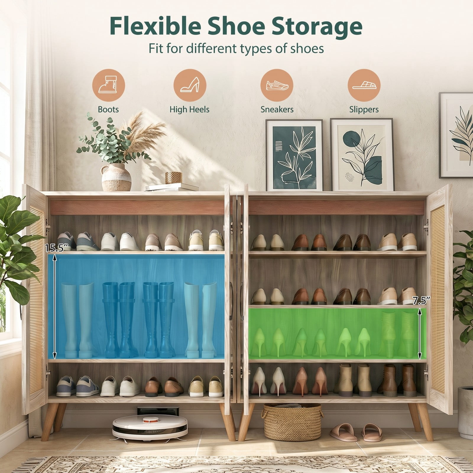 Furnibear 5-Tier Rattan Shoe Cabinet with 3 Removable Shelves and Woven Doors for Entryway and Hallway Shoe Storage, Natural