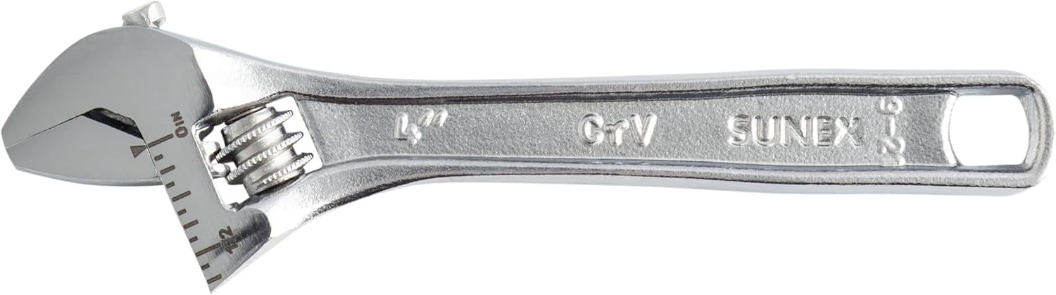 MKEUDQ-SUNEX Tools 4" Adjustable Wrench, Forged Chrome Vanadium Steel with 0.5625" Jaw Capacity, Quick-Adjust Knurl, Dual SAE & Metric Scale, Anti-Rust Coating