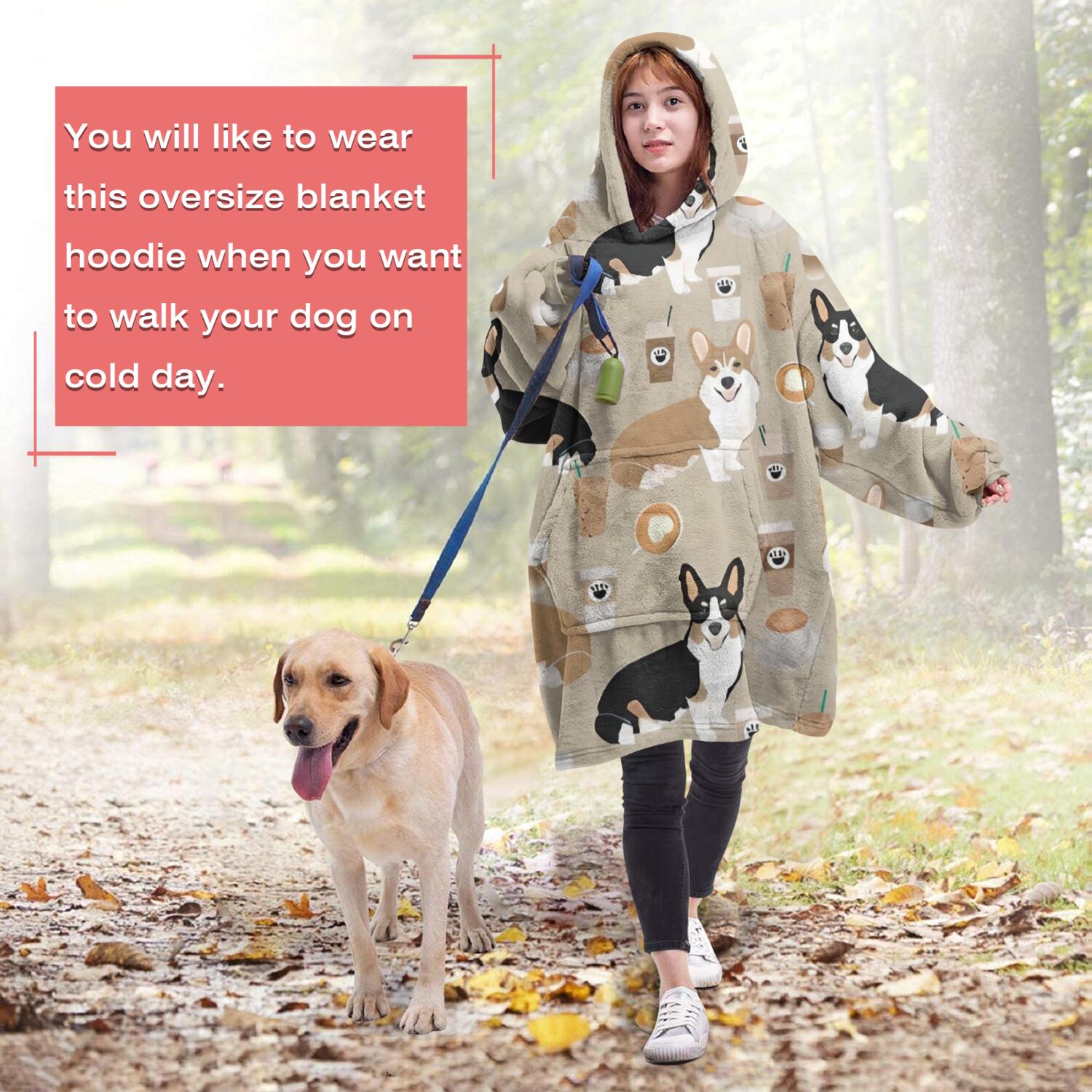 Wearable Oversized Blanket,Cartoon Corgi and Coffee Wearable Blanket Hoodie for Adults,Cozy Hooded Blankets with Super Pockets,Super Warm Fuzzy Pullover for Women & Men