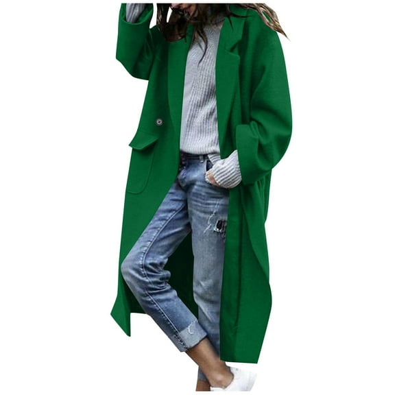 Antqov Wool Coats for Women, Long Line Solid Color Lapel Button Open Long Sleeve Pea Coat with Pockets, Daily Fashion Comfortable Relaxed Casual Warm Coats