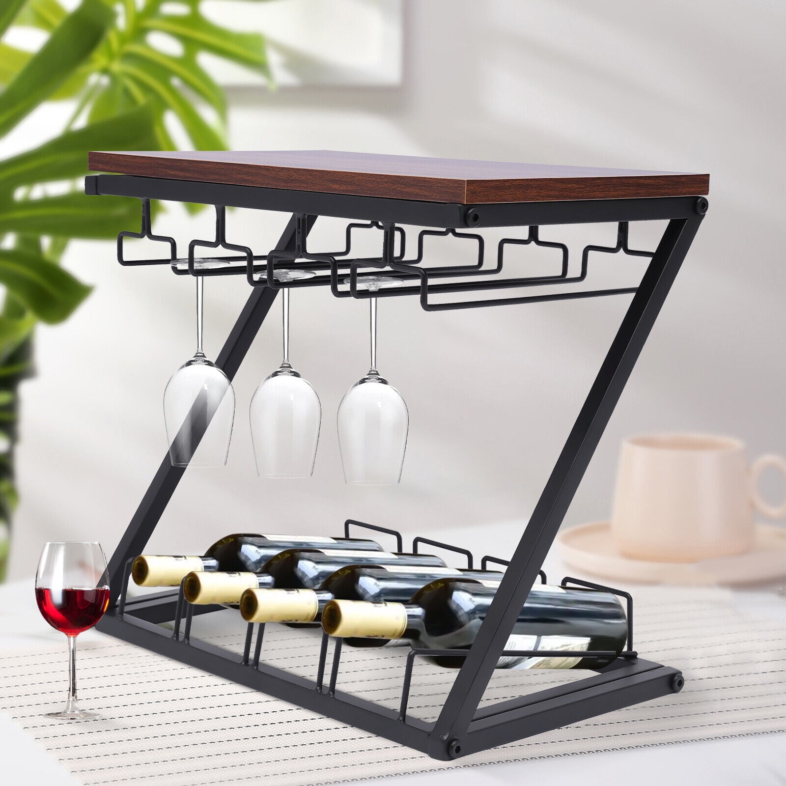 Countertop Wine Rack Freestanding Bottles Storage Shelf And Glass Holder Table Top 6848