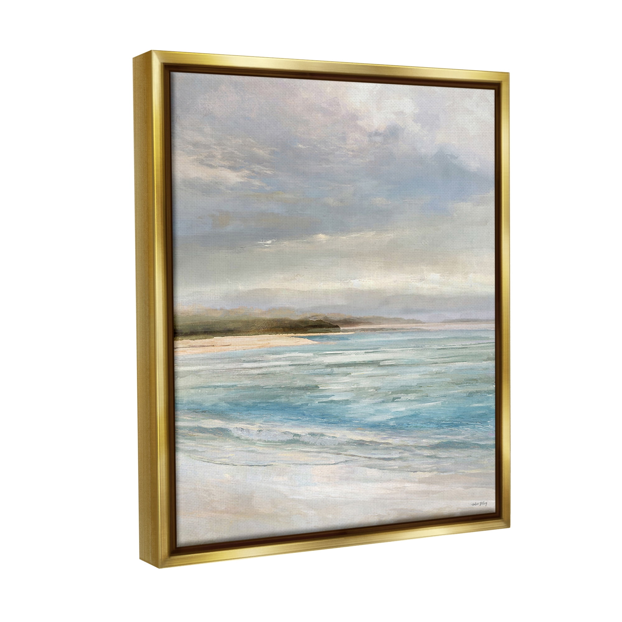 Stupell Industries Overcast Beach Scenery Landscape Painting Gold Floater Framed Canvas Art Print Wall Art, 25 x 31