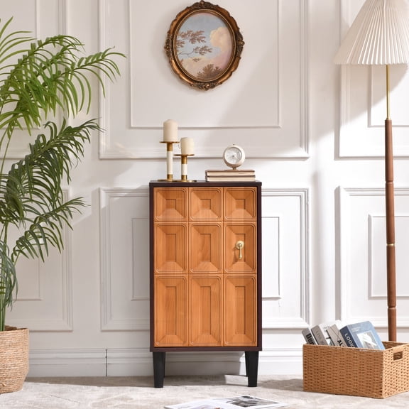 Mid-Century Modern Accent Cabinet, Narrow Storage Cabinet with Geometric Carved Door, Adjustable Shelf, Gold Handle and Raised Legs for Entryway, Living Room or Hallway