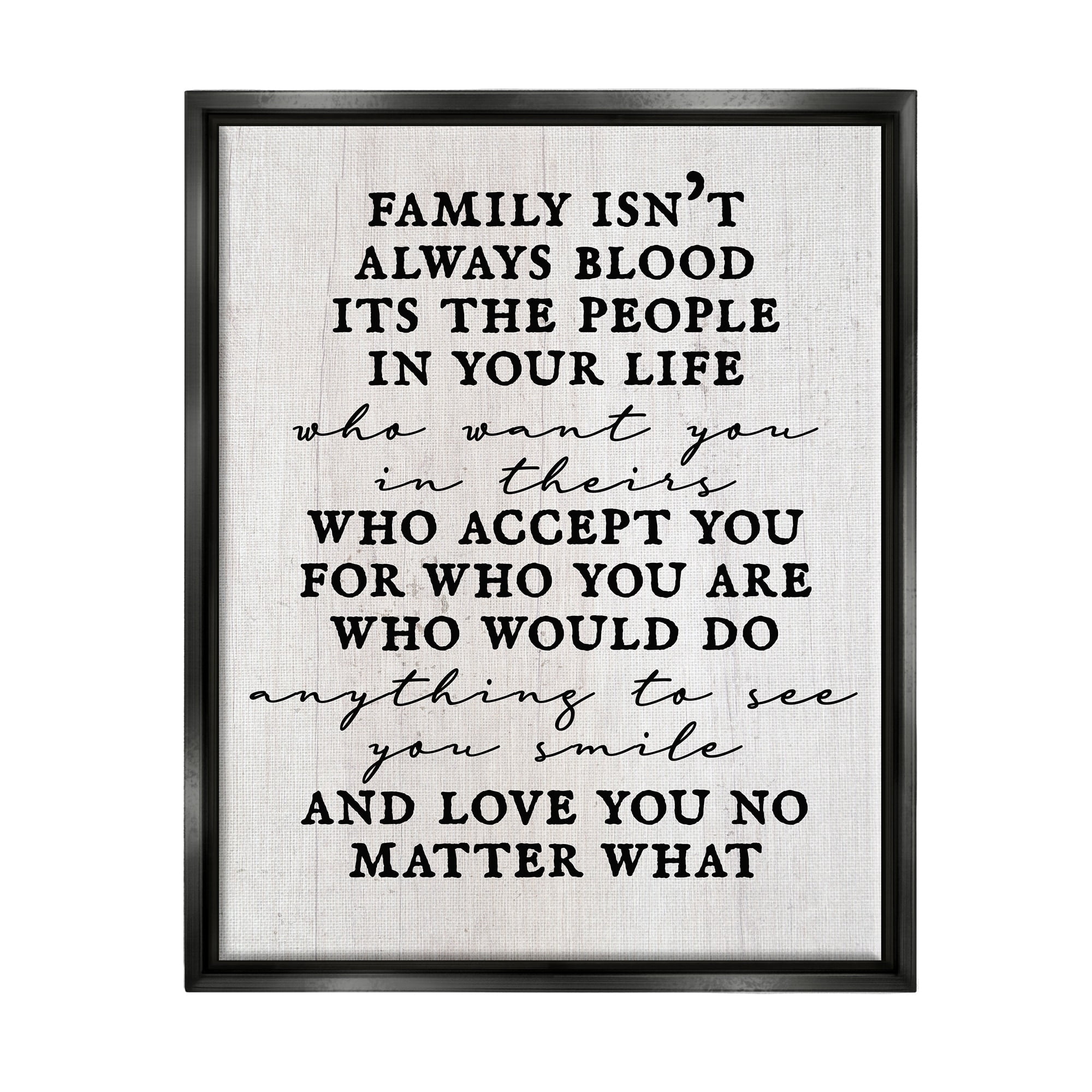 Stupell Industries Moving Family Quote Acceptance Text Plank Patterned Graphic Art Jet Black Floating Framed Canvas Print Wall Art, Design by Daphne Polselli