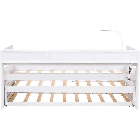QinaQin Twin XL Daybed with 2 Trundle Beds,Wood Platform Bed with Storage Bookcase,Twin Size Bed Frame with 1 Light and USB Charging,White