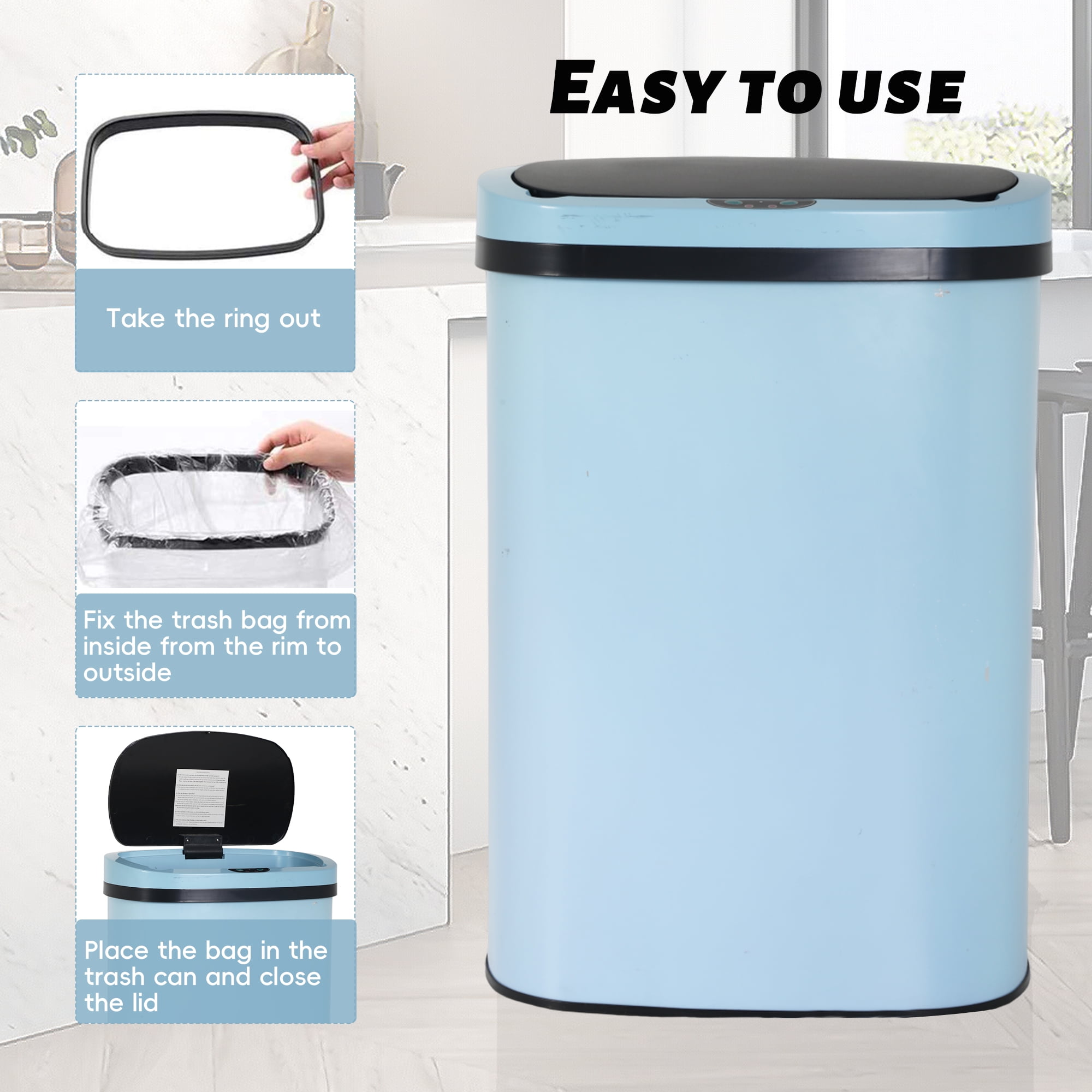 Touch Free Stainless Steel Trash Can 13 Gallon for Kitchen, Automatic Garbage Can with Lid Trash Bin for Bathroom Kitchen Wastebaskets for Bedroom Auto Open Trash Cans Motion Sensor, Blue