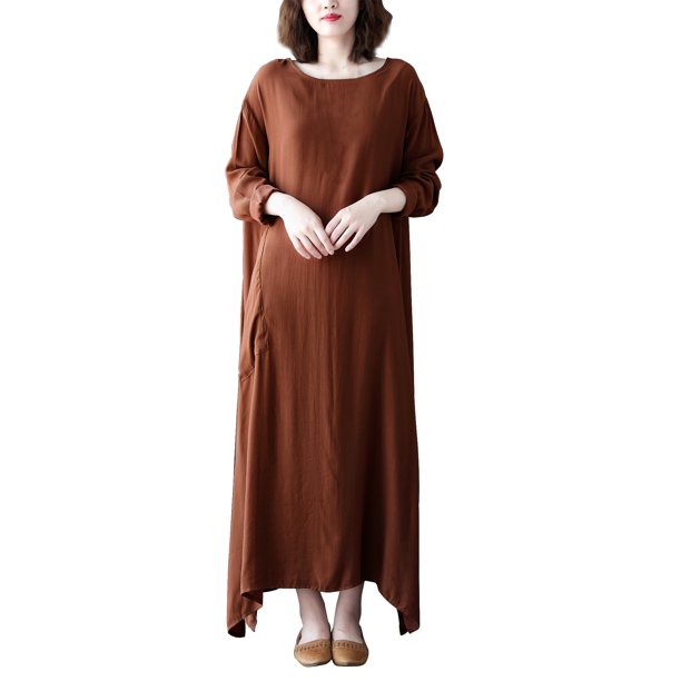 Vestido suelto de mujer Vestido maxi con bolsillo Manga larga Cuello redondo Vestido casual sól CACAGOO Vestido
