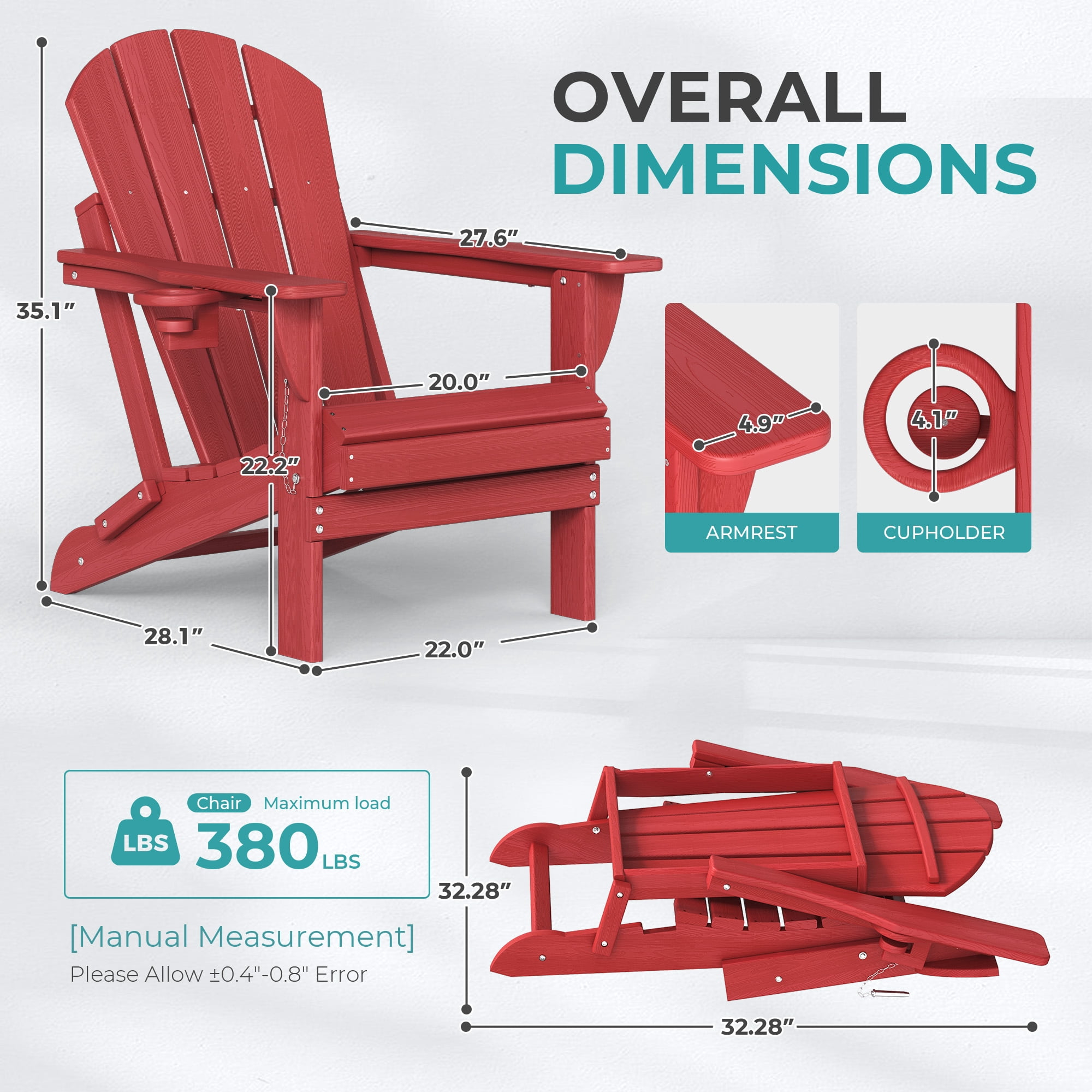 Folding Adirondack Chair Set of 2, Oversized HDPE Plastic Patio Chairs, Red