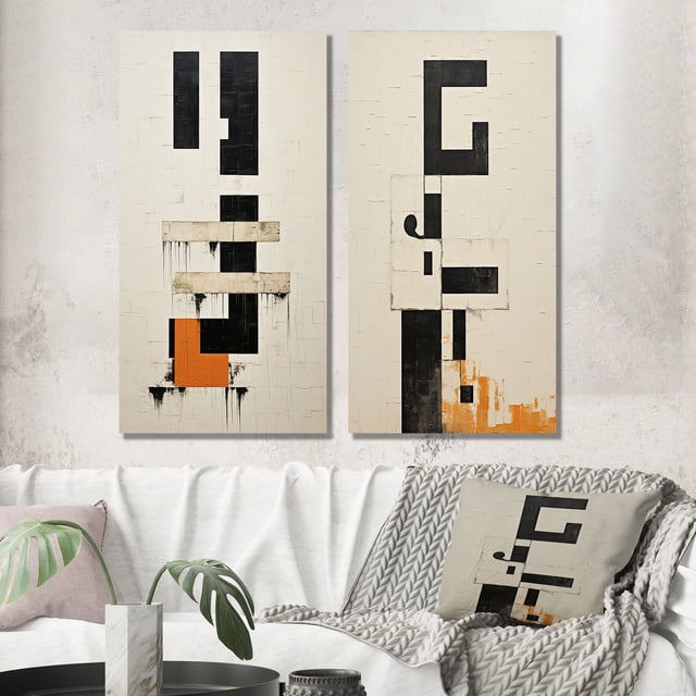 Designart "Abstract Monochrome Minimalism New Order V" Modern Geometric Wall Art Set Of 2 - Modern Black Wall Decor Set Of 2