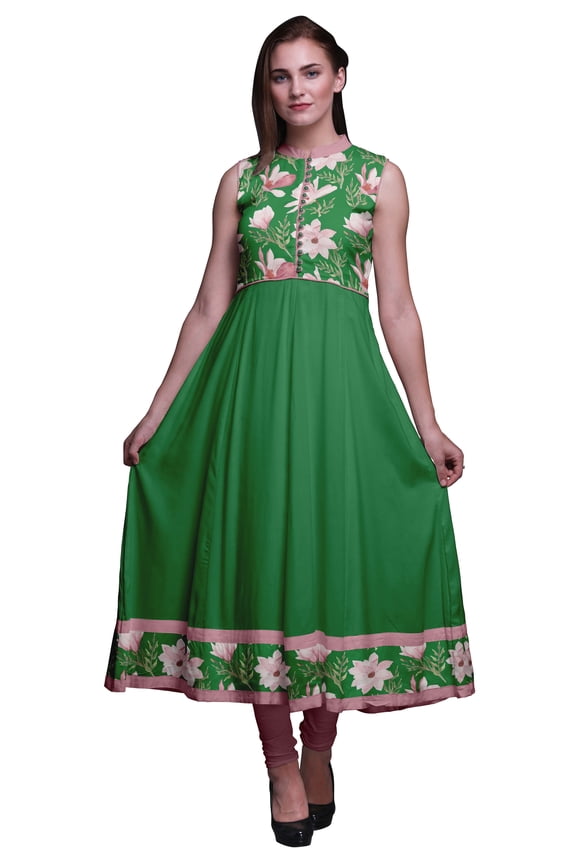 Green Floral Printed Women Designer Mandarin Collar Anarkali Dress Indian Ethnic Kurta Small