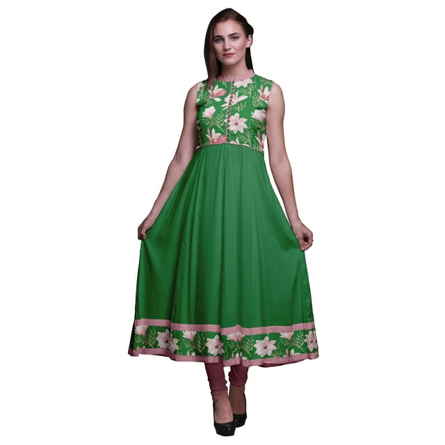 Bimba Kurtis Indiennes Vertes à Fleurs pour Femmes, Anarkali Prête à Porter Unie, Robe Imprimée Kurti Indienne X-Small