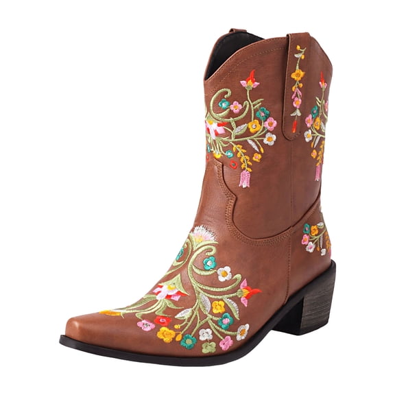 YLYL Women's Mid Calf Boots Flower Embroidered Snip Square Toe Chunky Heel Pull on Western Cowboy Boots