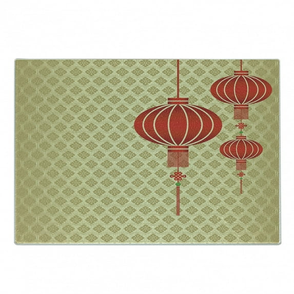 Lantern Cutting Board, Lanterns with Baroque Repeating Pattern Background New Year Celebration Art, Decorative Tempered Glass Cutting and Serving Board, Small Size, Earth Yellow Red, by Ambesonne