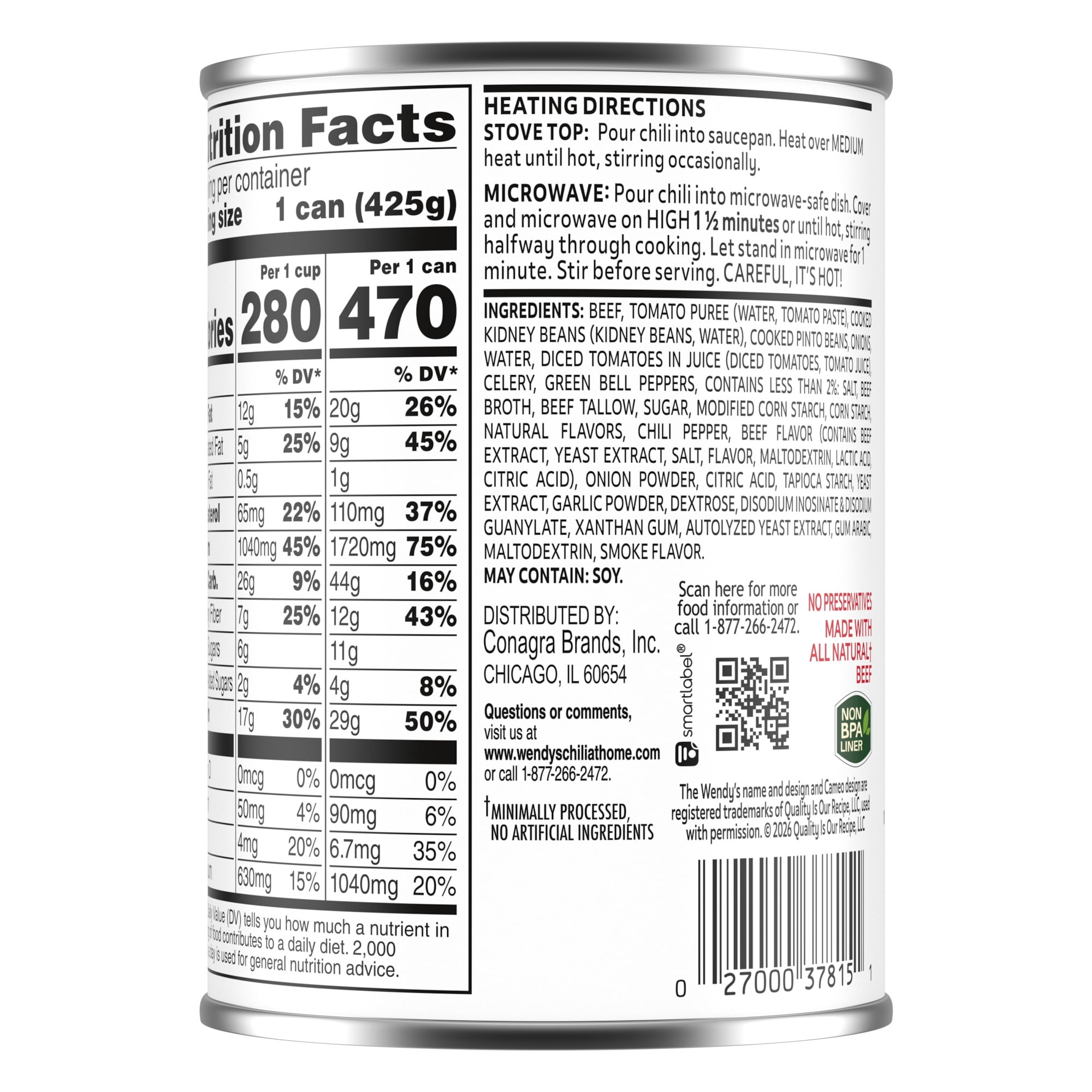 Wendy's Chili With Beans, 29g Protein Per Serving, Canned Chili, 15 oz. Can