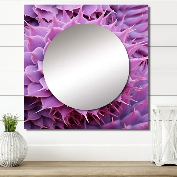 Designart "Pale Purple Cactus Royalty" Cactus Square Mirror Wall Decor Traditional - Large Purple Square Bathroom Mirror - Square Printed Wall Mirror Art