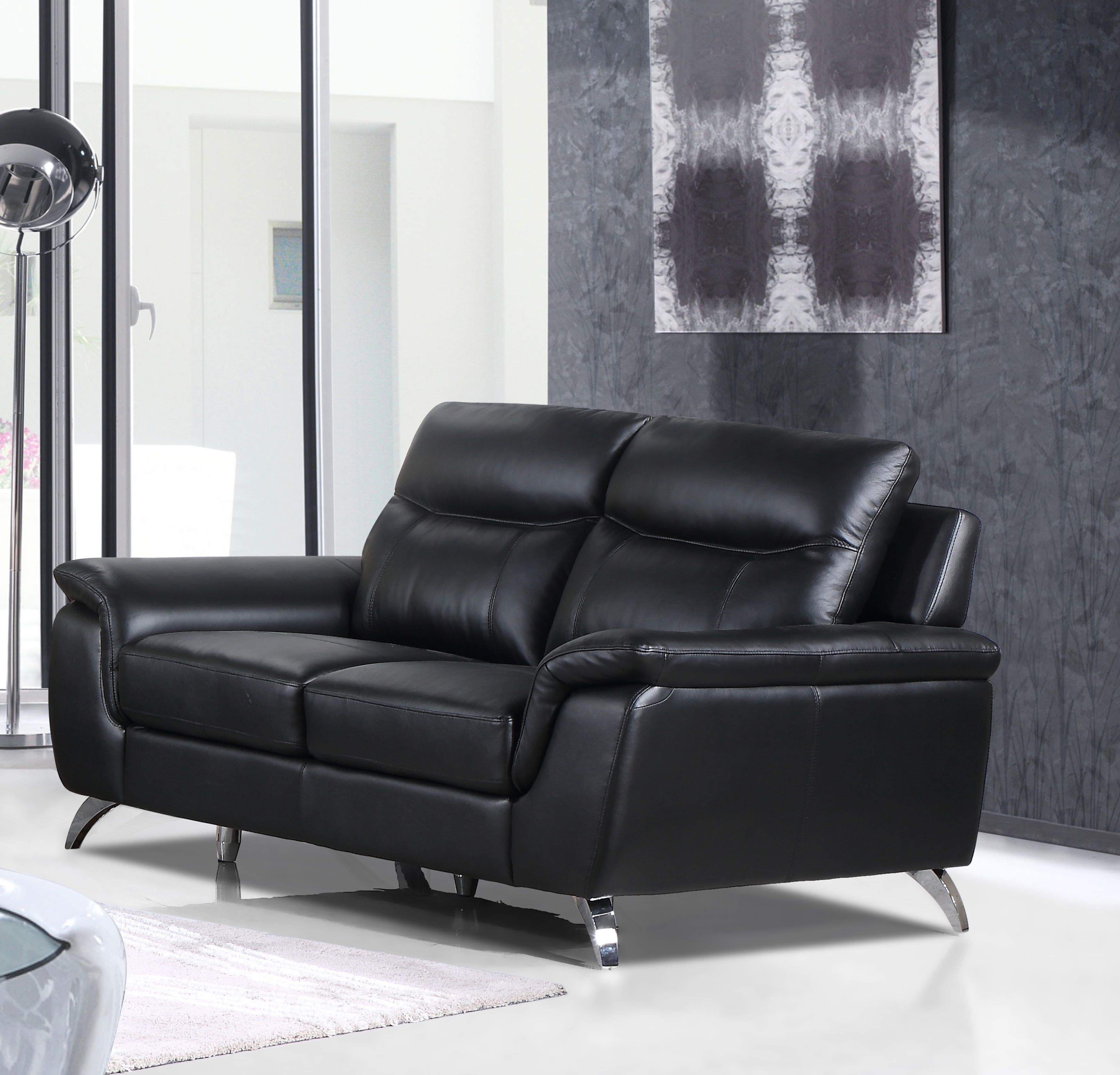 Cortesi Home Chicago Genuine Leather Loveseat, Black 66"