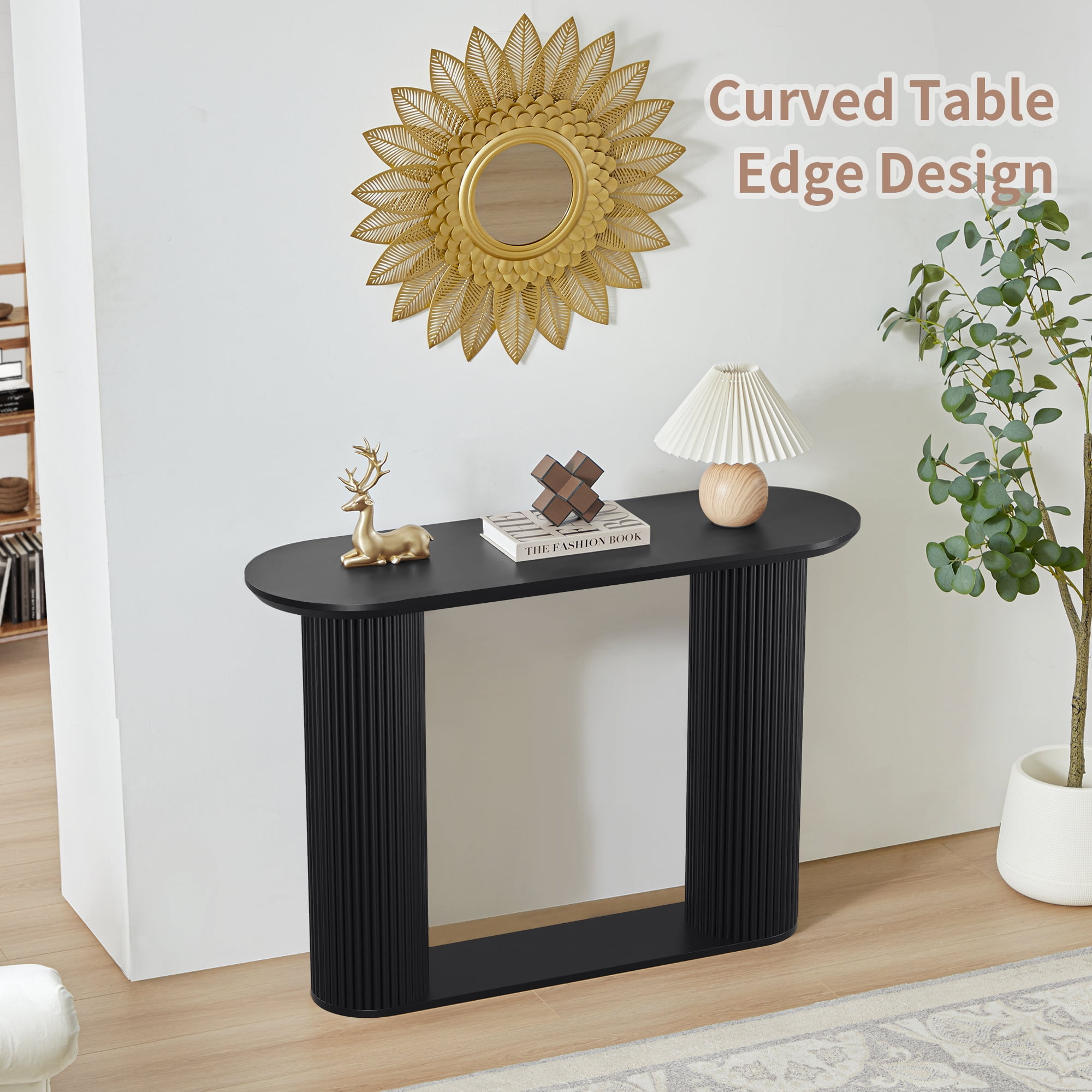 PHOYAL 42.51" Long Black Console Table with Vertical Stripe, Oval Fluted Sofa Table with Curved Edge Design for Entryway Hallway Living Room