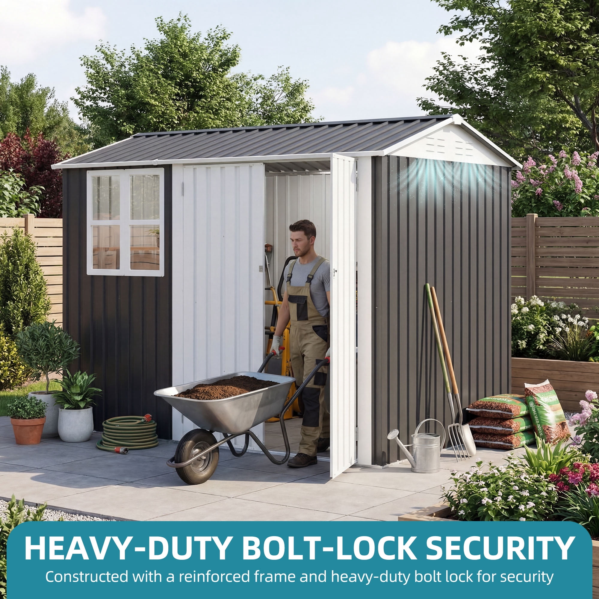Uforic Metal Outdoor Storage Shed, 8x6ft Steel Tool Shed with Window, Lockable Door and Sloped Roof, for Backyard Patio Garage Lawn, Gray and White