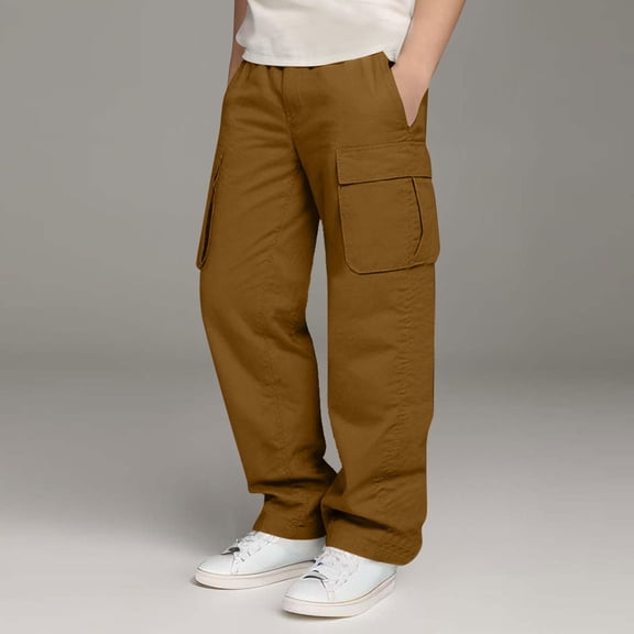 XIMIN Boys Cargo Pants Retro Bootcut Elastic Waistband Straight Leg Sport Pant Drawstring Open Bottom Casual Classic Running Hiking Fall Trousers with Pockets