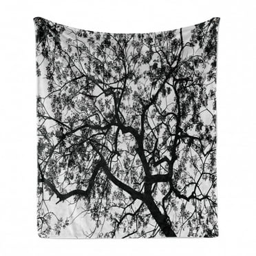 Forest Soft Flannel Fleece Throw Blanket, Forest Tree Branches Modern Design Spooky Horror Movie Themed Artwork Print, Cozy Plush for Indoor and Outdoor Use, 50" x 70", Black and White, by Ambesonne