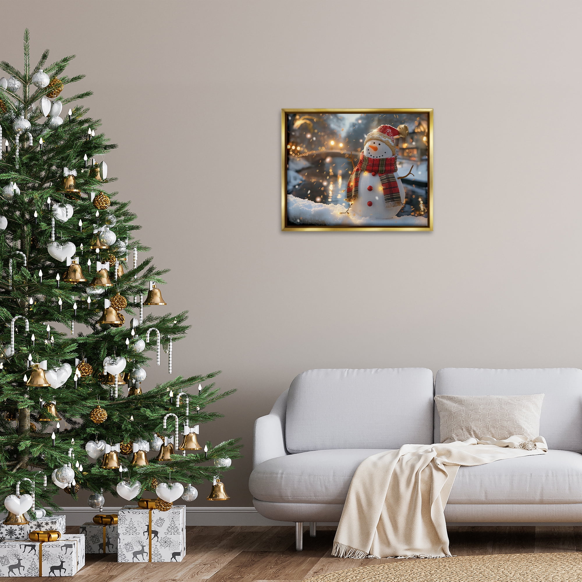 Stupell Industries Snowman Windy Winter Scene Holiday Painting Gold Floater Framed Canvas Art Prints Wall Art, 31 x 25