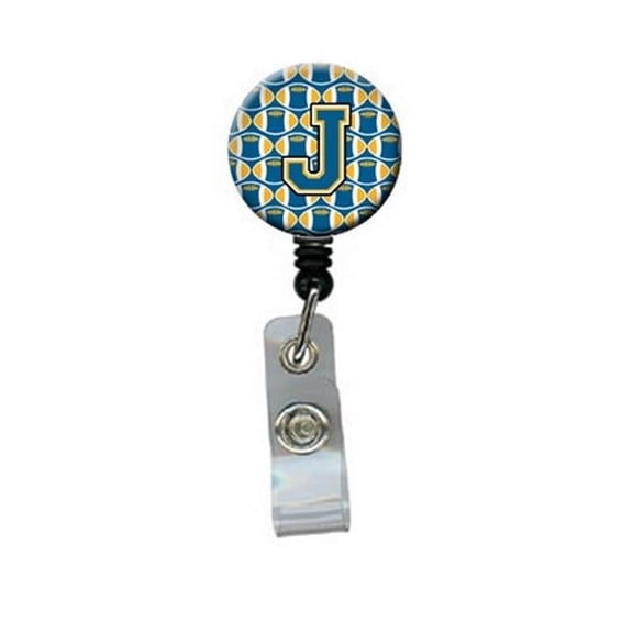 Caroline's Treasures CJ1077-JBR Letter J Football Blue and Gold Retractable Badge Reel , Belt Clip, multicolor