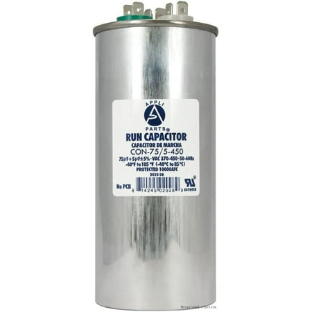 

Appli Parts Dual Run Capacitor For Ac 75 5 Mfd Uf (Microfarads) 370VAC Or 450VAC CBB65 Round Universal Fit For Hvac And Other Applications 5-5/8 In High 2-1/4 In Wide CON-75/5-450